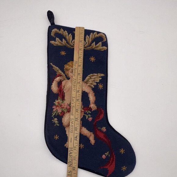 Vtg Imperial Elegance Angel Christmas Blue Stocking Embroidered Needlepoint Wool - Picture 4 of 6